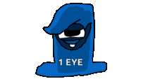 a cartoon drawing of a blue object with the word 1 eye on it