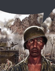 a painting of a soldier with a speech bubble