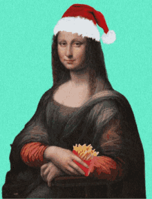 a painting of a woman wearing a santa hat and holding french fries