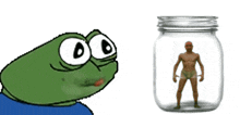 a cartoon of a man in a jar next to a frog with big eyes