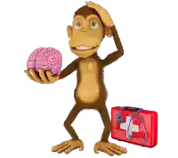 a cartoon monkey is holding a brain next to a red first aid kit