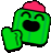 a green cartoon character wearing a red hat and giving a heart .