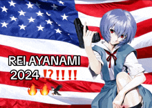 a girl holding a gun in front of an american flag and the words rei ayanami 2024