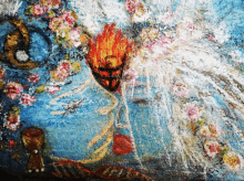 a painting of a woman with flowers and fire