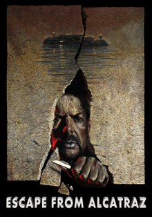 a poster for escape from alcatraz shows a man holding a knife in his hand