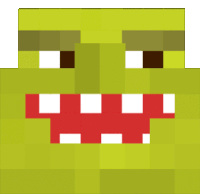 it looks like shrek from minecraft with a big mouth and red teeth .