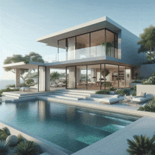 an artist 's impression of a modern house with a swimming pool