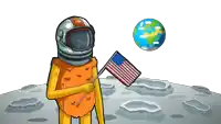 a cartoon drawing of an astronaut holding an american flag on the moon