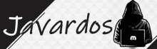 a black and white drawing of a person in a hood holding a laptop with the word javardos written below it