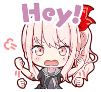 a cartoon girl with pink hair and a red bow on her head is saying hey !