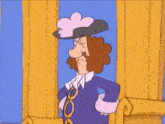 a cartoon character wearing a hat and a purple coat points at something