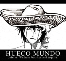 a black and white drawing of a man wearing a sombrero and a bleach poster .