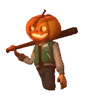 a cartoon character with a pumpkin head holding a bat