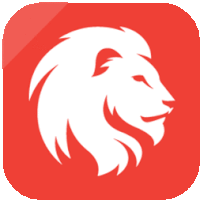 a red icon with a white lion head on it