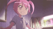 a cartoon girl with pink hair is standing next to a bookshelf .