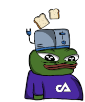 a cartoon frog with a toaster on top of his head