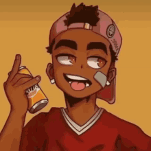 a cartoon boy is holding a can of soda .