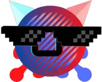 a pixel art drawing of a cat wearing sunglasses with a red and blue background