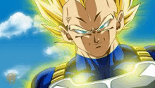 a close up of a dragon ball z character holding a sword in front of a blue sky .