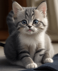 a gray and white kitten with blue eyes laying on a blue blanket