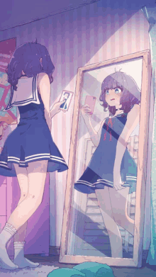 a girl is taking a selfie in front of a mirror