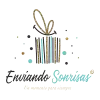 a logo for enviando sonrisas shows a gift box with a bow on it