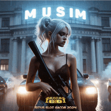 a woman holding a gun in front of a building with the word musum on it