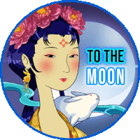 a cartoon of a woman holding a rabbit with the words " to the moon " above her