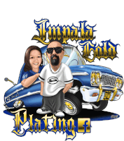 a cartoon of a man and a woman standing next to a car that says impala gold plating