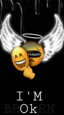 a smiley face with wings and a halo on it is holding a mask .