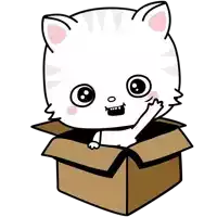 a cartoon cat is sitting in a cardboard box and waving