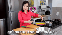 a woman in a red shirt is cutting an avocado on a cutting board with the words colorful and delicious above her