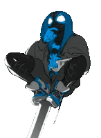 a drawing of a person sitting on a pole with a blue mask on .