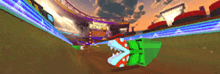 a video game scene with a green piranha plant driving down a track