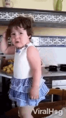 a little girl in a blue and white dress is standing in a kitchen with a viralhog logo in the corner