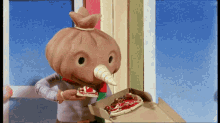 a cartoon character is holding a slice of pizza and a box of pizza