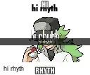 a pixel art of a man holding a pokeball with the words hi rhyth hi rhyth rhyth written on it .