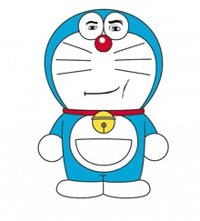 a drawing of doraemon with a red nose and bell around his neck