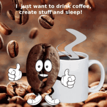 a cartoon coffee bean giving a thumbs up in front of a cup of coffee