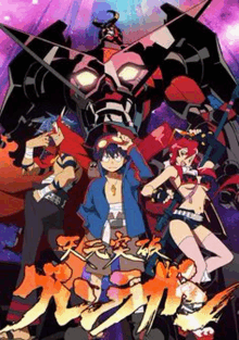 a group of anime characters are standing in front of a large robot