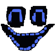 a pixel art drawing of a smiley face with a black mouth and blue teeth .