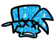 a cartoon character with a blue hat and a crying face is covered in blue glitter .