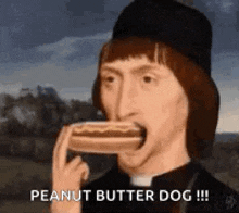 a painting of a man eating a peanut butter dog