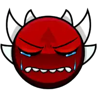 a cartoon drawing of a red ball with horns and tears on its face