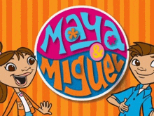 a boy and a girl are standing next to each other in front of a colorful logo for maya and miguel .