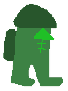 a pixel art of a green among us character with a green umbrella