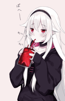 a girl with white hair and red eyes is drinking from a red bottle with a straw