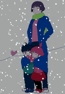 a cartoon drawing of a woman hugging two children in the snow