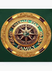 a gold and green emblem that says ' emerald star family '