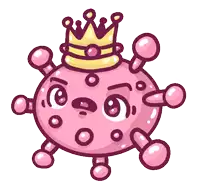 a cartoon illustration of a pink virus with a crown on it